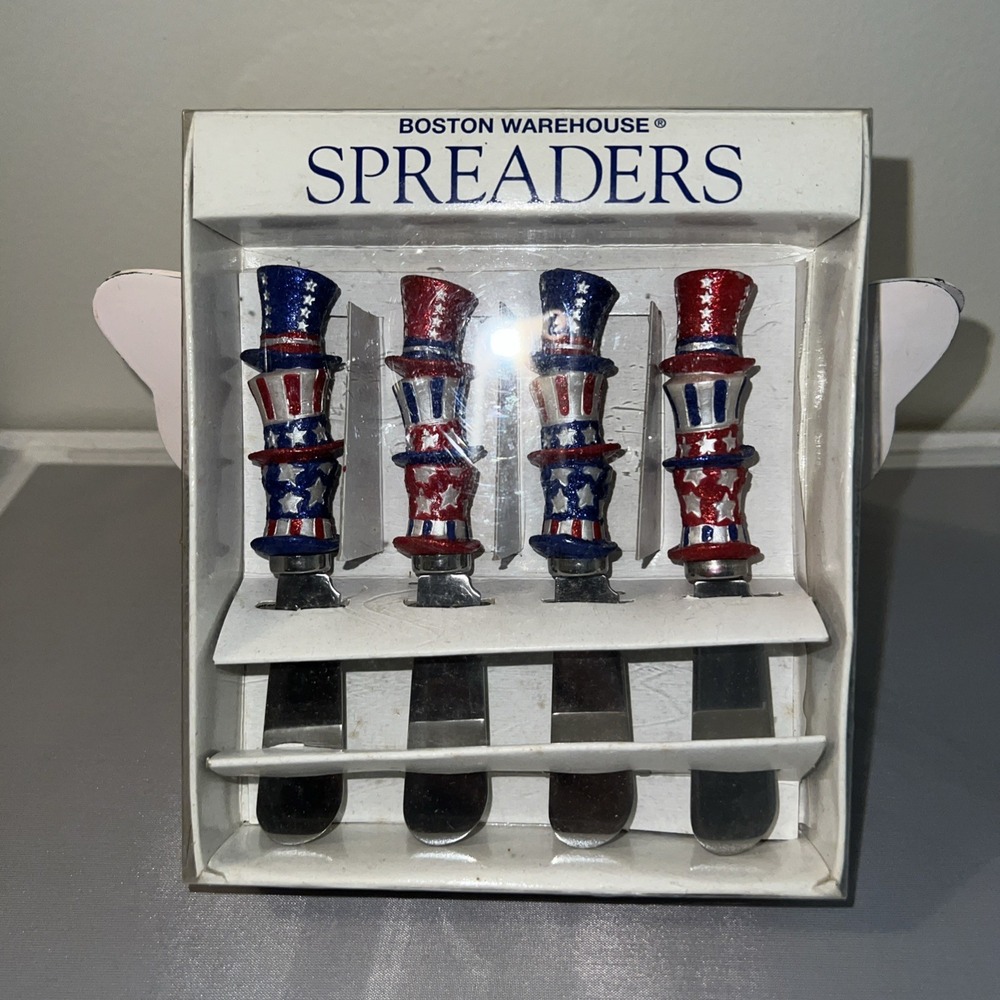 Vintage BOSTON WAREHOUSE Uncle Sam Hat Cheese Spreaders Set of 4 July 4th Decor